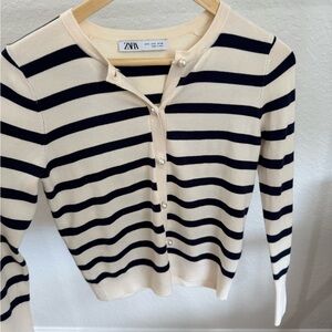 Zara Cream and Navy Striped Cardigan